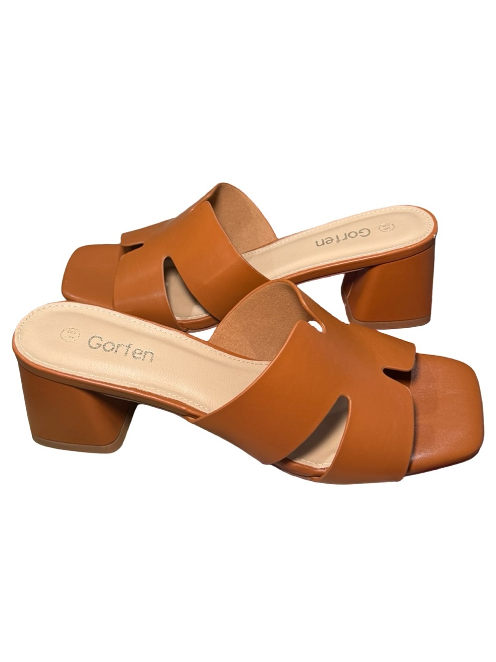 🤎🥥‎ Women's Cognac Tan Block Heel Slide Sandals 🥥🤎